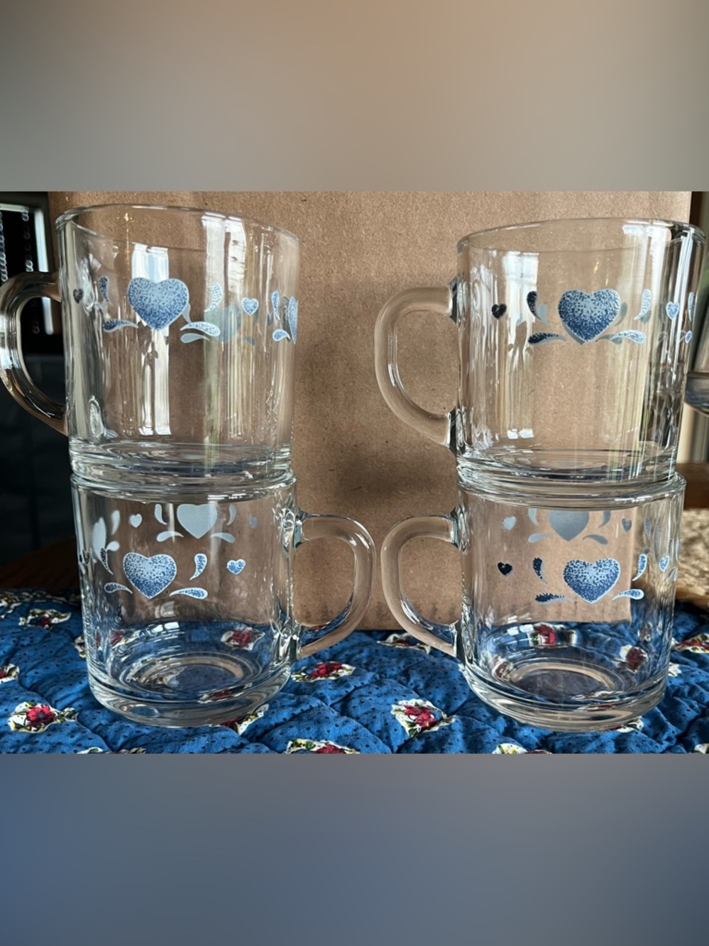 Vintage Set Of 4 Anchor Hocking Sponge Blue Hearts Country Glass Mugs Cups